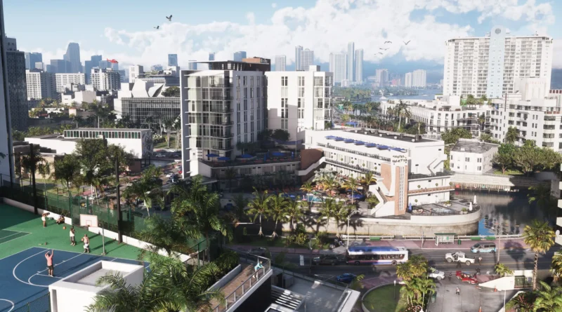 Captura oficial de Grand Theft Auto VI mostrando Vice City con entorno urbano y palmeras durante el anuncio del juego, es uno de los juegos esperados 2026.