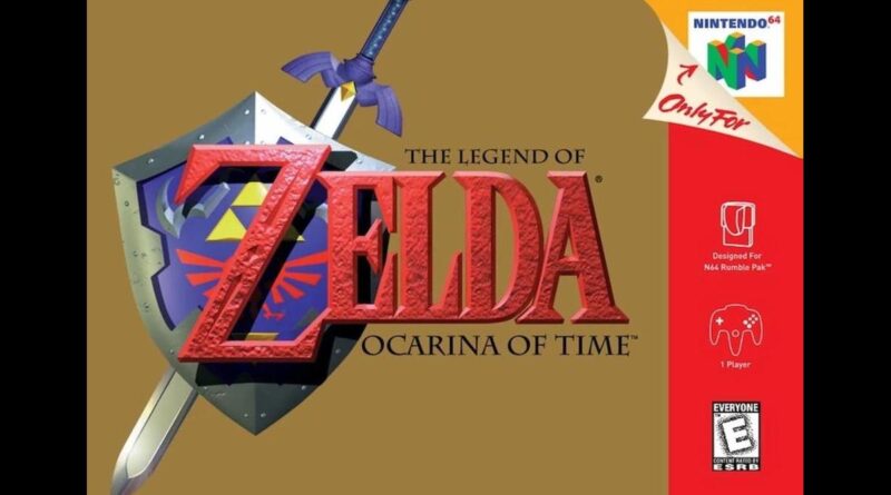 Carátula del juego The Legend of Zelda: Ocarina of Time para Nintendo 64, mostrando a Link con la Espada Maestra y el emblema de Hyrule en fondo artístico.