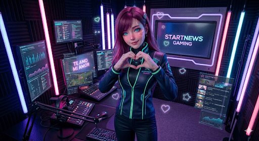 Presentadora virtual haciendo un corazón con las manos en su estudio de grabación, ilustrando la guía paso a paso de cómo crear VTuber desde cero.