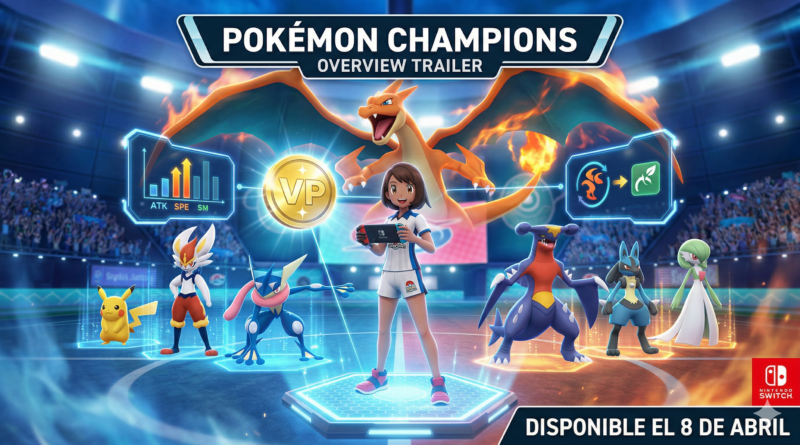 Arte clave promocional para el tráiler de descripción general de Pokémon Champions. En el centro, una entrenadora sonríe sosteniendo una Nintendo Switch en una arena de batalla. Está rodeada por su equipo: Pikachu, Cinderace, Greninja, Mega Charizard Y (volando detrás), Garchomp, Lucario y Gardevoir. Flotan interfaces holográficas que muestran mecánicas de juego: estadísticas (ATK, SPE, SM), cambios de habilidad y naturaleza, y una medalla central con las letras "VP". El texto superior dice "POKÉMON CHAMPIONS OVERVIEW TRAILER" y el inferior "DISPONIBLE EL 8 DE ABRIL".