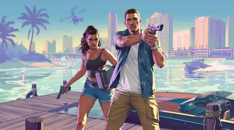 Ilustración oficial de Grand Theft Auto VI (GTA VI) con los protagonistas Lucía y Jason frente a un vehículo en Vice City, capturando el estilo artístico del gran lanzamiento de 2026 y la expectativa por los GTA 6 PC Requisitos.