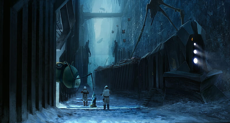 Concept art oficial de Half-Life: Alyx mostrando un entorno de ciencia ficción oscuro con naves de la Alianza, evocando la estética esperada para un posible Half-Life 3.