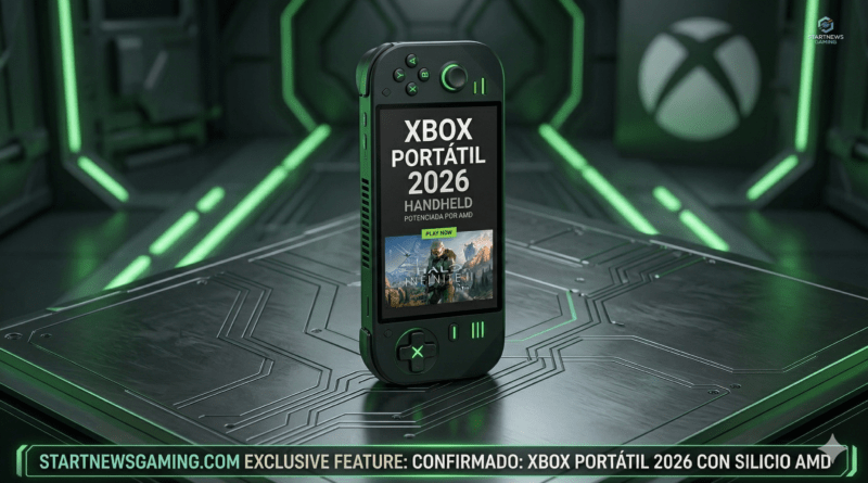 Concepto de consola Xbox Portable Handheld en color blanco, mostrando un diseño ergonómico para juego portátil e integración de Xbox Game Pass como el esperado modelo Xbox Portátil 2026.