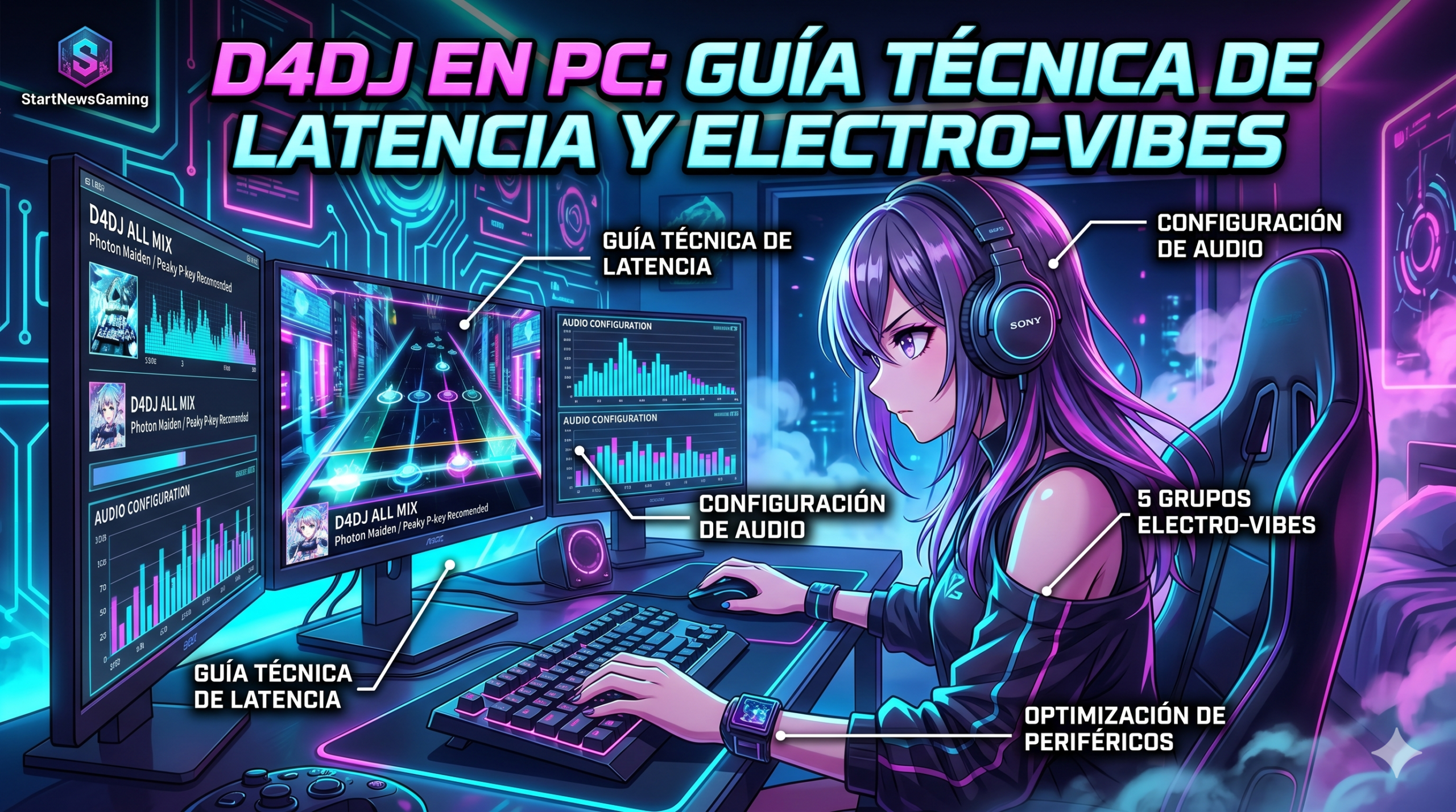 D4DJ en PC: Guía de Latencia Cero y 5 Grupos de Electrónica para Gamers Infografía de guía técnica de D4DJ All Mix, mostrando a las DJs de anime en pleno concierto de música electrónica junto a los ajustes de configuración de latencia cero para Steam, ideales para jugar D4DJ en PC.