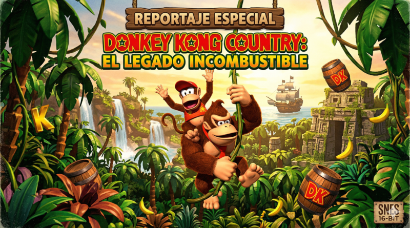 Infografía para reportaje especial sobre Donkey Kong Country mostrando a Donkey y Diddy Kong en la jungla, destacando el legado de la franquicia de Rare y Nintendo desde la era SNES hasta 2026.