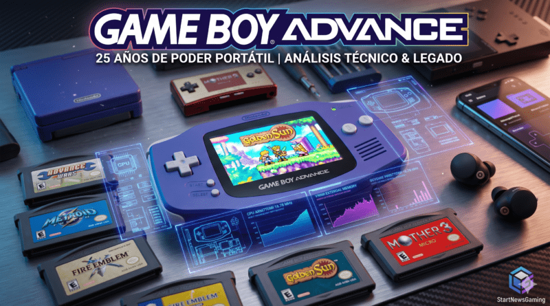 Infografía conmemorativa del 25 aniversario de Game Boy Advance mostrando la consola, cartuchos icónicos como Golden Sun y análisis técnicos de hardware para StartNewsGaming en 2026.