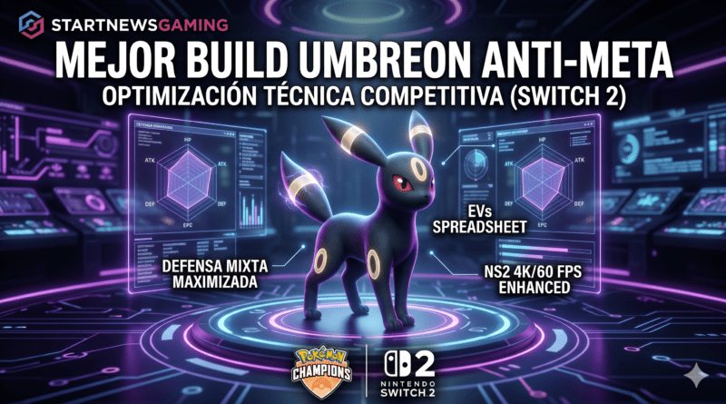 Infografía técnica detallando la build de Umbreon en Pokémon Champions Anti-Meta, especificando estadísticas de defensa mixta optimizada y optimización para Nintendo Switch 2 en resolución 4K y 60 FPS.