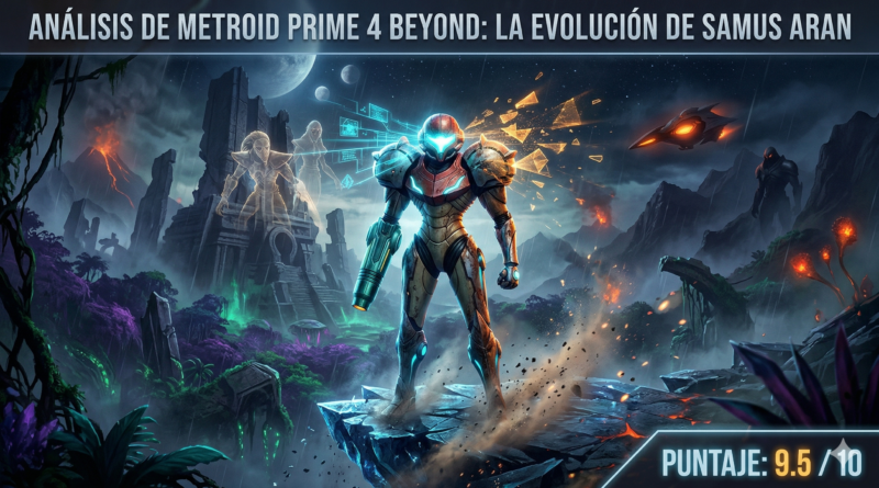 Infografía de reseña de Metroid Prime 4 Beyond mostrando a Samus Aran con su nuevo traje climático en un entorno alienígena detallado, con una calificación de 9.5/10 para el gran lanzamiento de Nintendo en 2026.