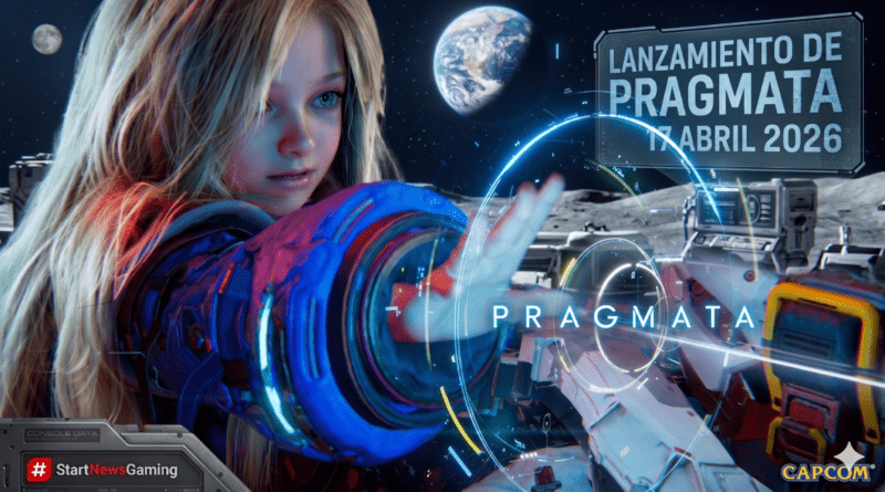 Infografía promocional del Lanzamiento de Pragmata mostrando a la protagonista con tecnología holográfica en un entorno lunar, confirmando oficialmente la fecha para el 17 de abril de 2026.