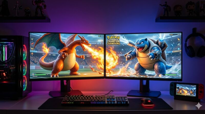 Fotografía de un setup gamer con doble monitor mostrando una batalla realista entre Charizard y Blastoise en Pokémon Champions, logrando el look visual de Switch 2 en PC. Incluye una torre con iluminación RGB, teclado mecánico y la consola en el escritorio.