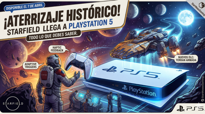 Infografía promocional del anuncio de Starfield PS5, destacando la fecha de lanzamiento en abril, la integración con el control DualSense y el nuevo DLC Terran Armada.
