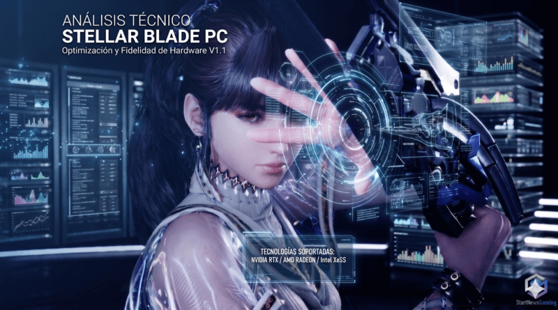 Infografía de análisis técnico de Stellar Blade en PC con Eve rodeada de interfaces tecnológicas, detallando soporte para NVIDIA RTX, AMD Radeon e Intel XeSS en 2026.