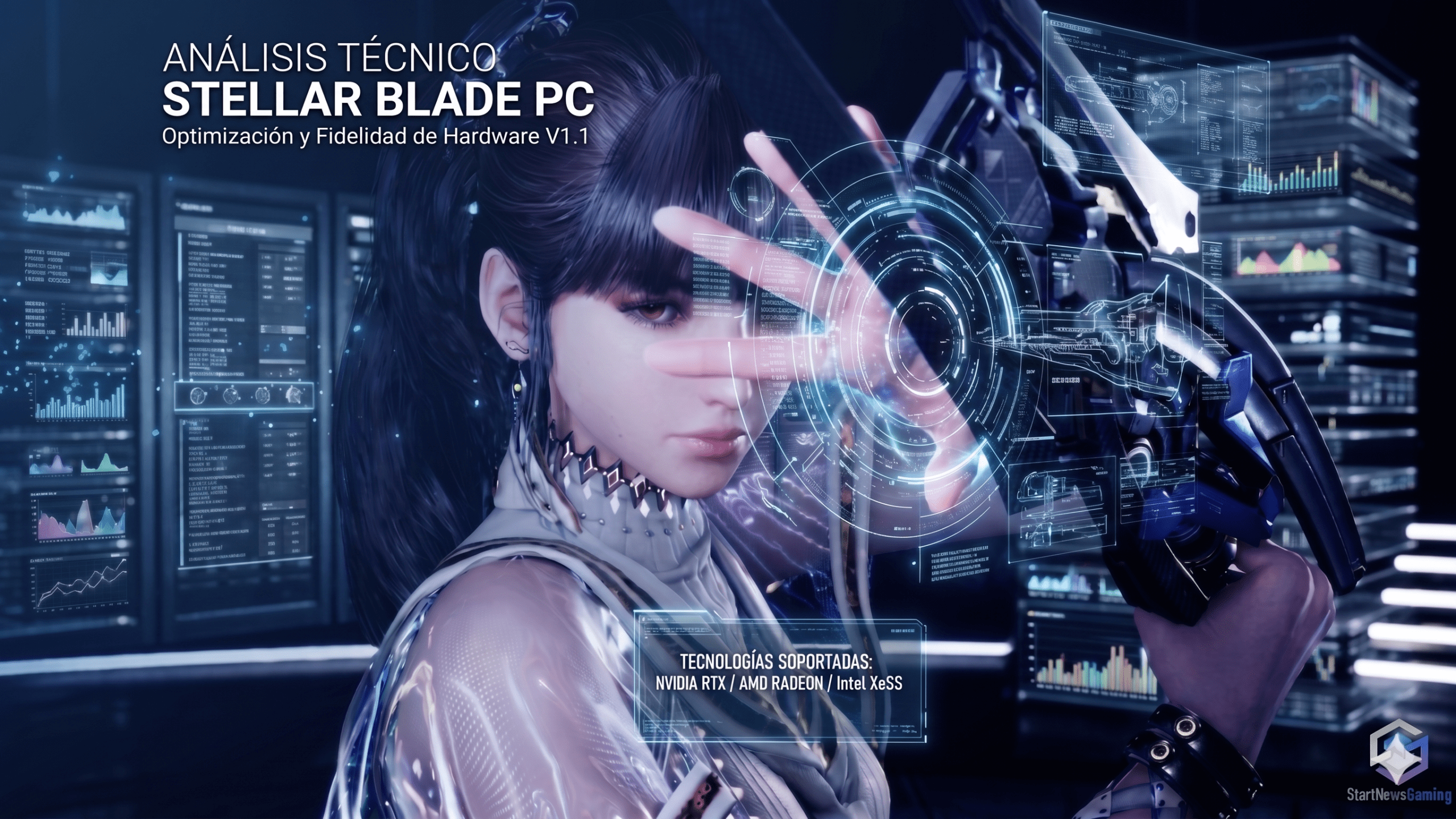 Stellar Blade en PC: La Master Race recibe la edición definitiva del aclamado Hack & Slash Infografía de análisis técnico de Stellar Blade en PC con Eve rodeada de interfaces tecnológicas, detallando soporte para NVIDIA RTX, AMD Radeon e Intel XeSS en 2026.