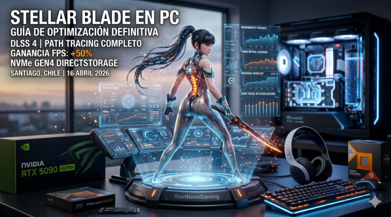 Infografía técnica de Stellar Blade en PC con Eve, destacando el soporte para NVIDIA RTX 5090 Super, DLSS 4 y Path Tracing completo para el lanzamiento de abril 2026.