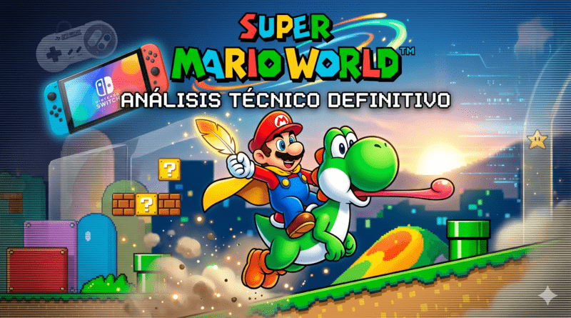 Infografía de análisis técnico de Super Mario World en Nintendo Switch mostrando a Mario cabalgando a Yoshi, explorando el rendimiento y legado del clásico de SNES en hardware moderno para 2026.