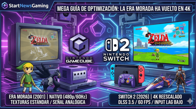 Infografía comparativa de The Legend of Zelda: The Wind Waker entre Nintendo GameCube y Nintendo Switch 2, destacando el salto a resolución 4K y tecnología DLSS 3.5 para el relanzamiento de 2026.