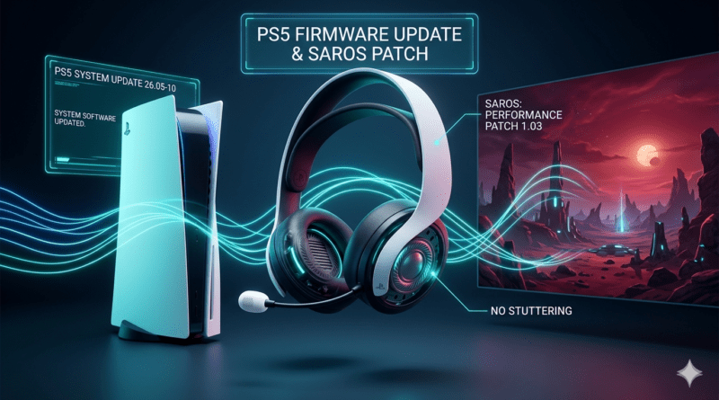 Fotografía de un setup gamer moderno iluminado con luces de neón mostrando una consola PlayStation 5 de pie junto a unos auriculares inalámbricos Pulse 3D listos para jugar.