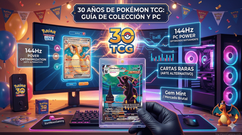 Colección de cartas raras de Pokémon TCG junto a un monitor de PC a 144Hz