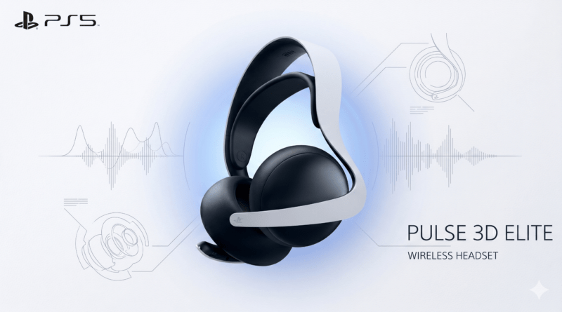 Infografía promocional de los auriculares inalámbricos Pulse 3D de PlayStation, destacando su diseño ergonómico, doble micrófono con cancelación de ruido, tecnología de audio espacial y ajustes de ecualización Pulse Elite PS5.