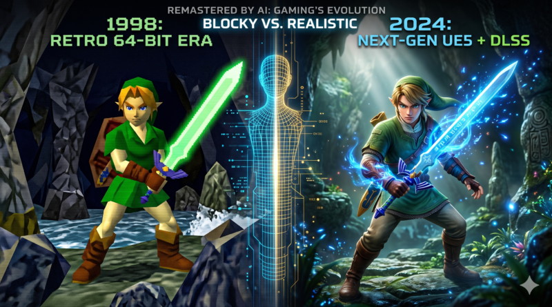 Imagen conceptual que compara la evolución gráfica en los videojuegos, simulando un remake de Ocarina of Time, mostrando a un héroe de fantasía en estilo retro de 64 bits de 1998 a la izquierda, frente a su versión hiperrealista de 2024 creada con Unreal Engine 5 y DLSS a la derecha, divididos por una interfaz holográfica.