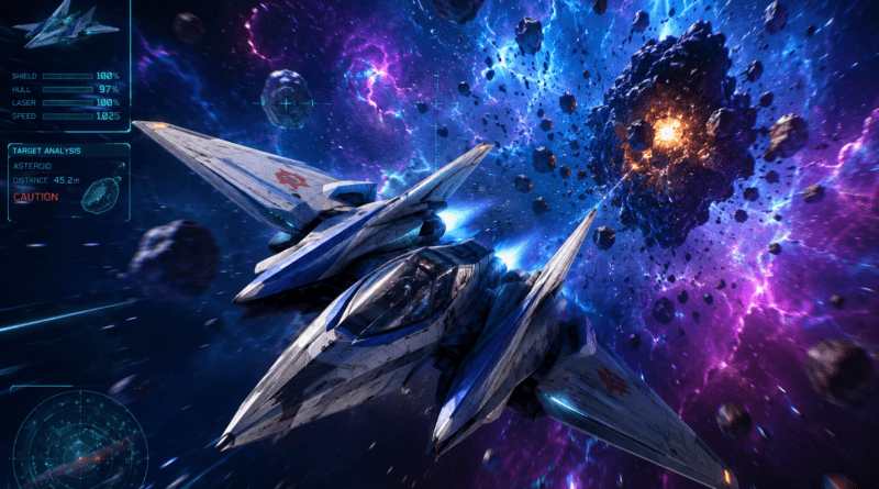 Captura de pantalla de alta fidelidad del nuevo juego de Star Fox para Nintendo Switch 2, mostrando un Arwing en pleno vuelo por el Sector X-17 con gráficos fotorrealistas, efectos de nebulosa y una interfaz de HUD futurista.