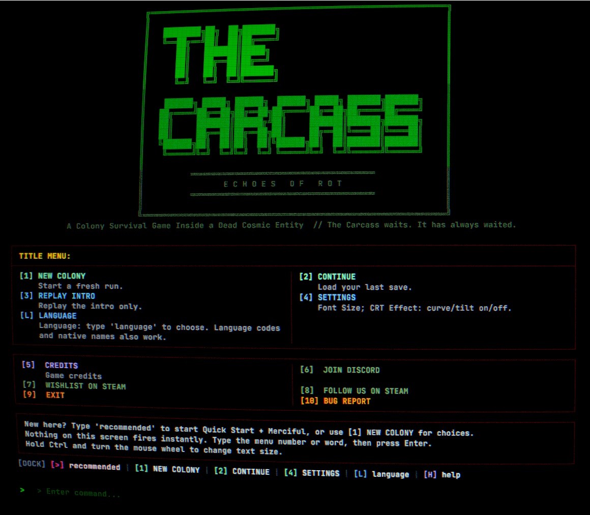 Menú principal de The Carcass en PC