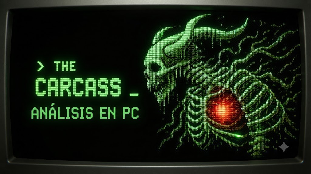 The Carcass: Análisis de terror psicológico en PC Captura de pantalla de un monitor CRT clásico mostrando un análisis de videojuego, con un gráfico de píxeles verdes de una criatura esquelética con cuernos y un corazón palpitante rojo brillante, junto con el texto en español: '> THE CARCASS _' y 'ANÁLISIS EN PC'.